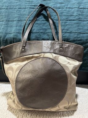 Coach Beige and Brown Signature Canvas Tote with Round Leather Patch